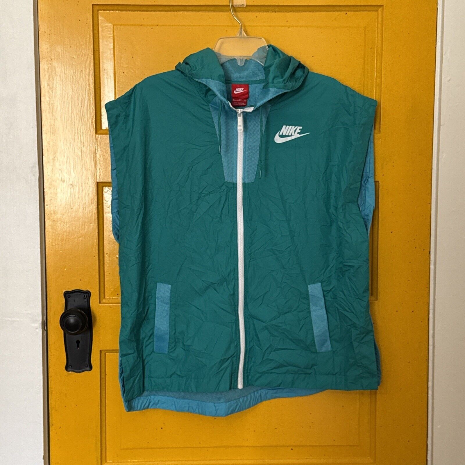 Nike Tech Hypermesh Vest Womens Xl Hooded Sleeveless Full Zip Teal Blue Twotone